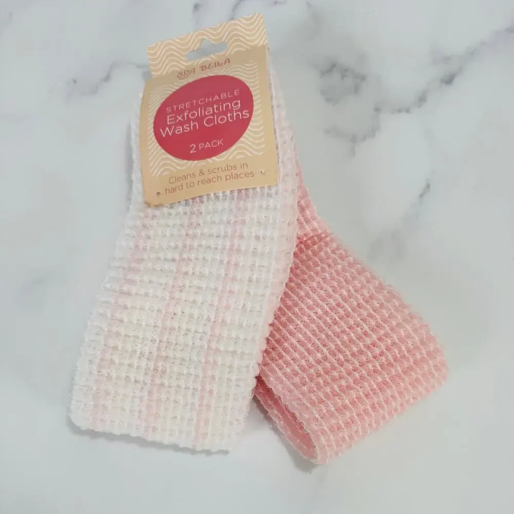 Spa Bella NWT Stretch Exfoliating Wash Cloths 2 Pack Pink White Body Scrubber